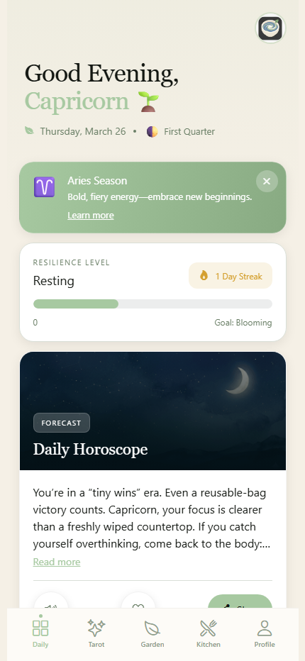 Soy & Stars daily horoscope, open on a Capricorn evening reading
